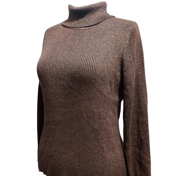 Once Again XL Metallic Brown Ribbed Mock Neck Sweater Shimmer Top Vintage Y2K - Picture 3 of 7
